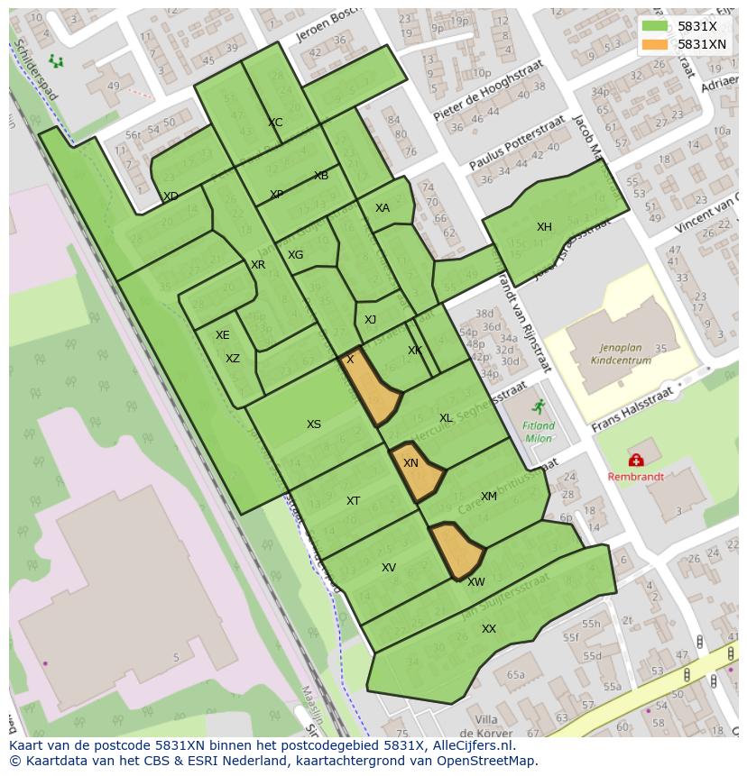 Afbeelding van het postcodegebied 5831 XN op de kaart.