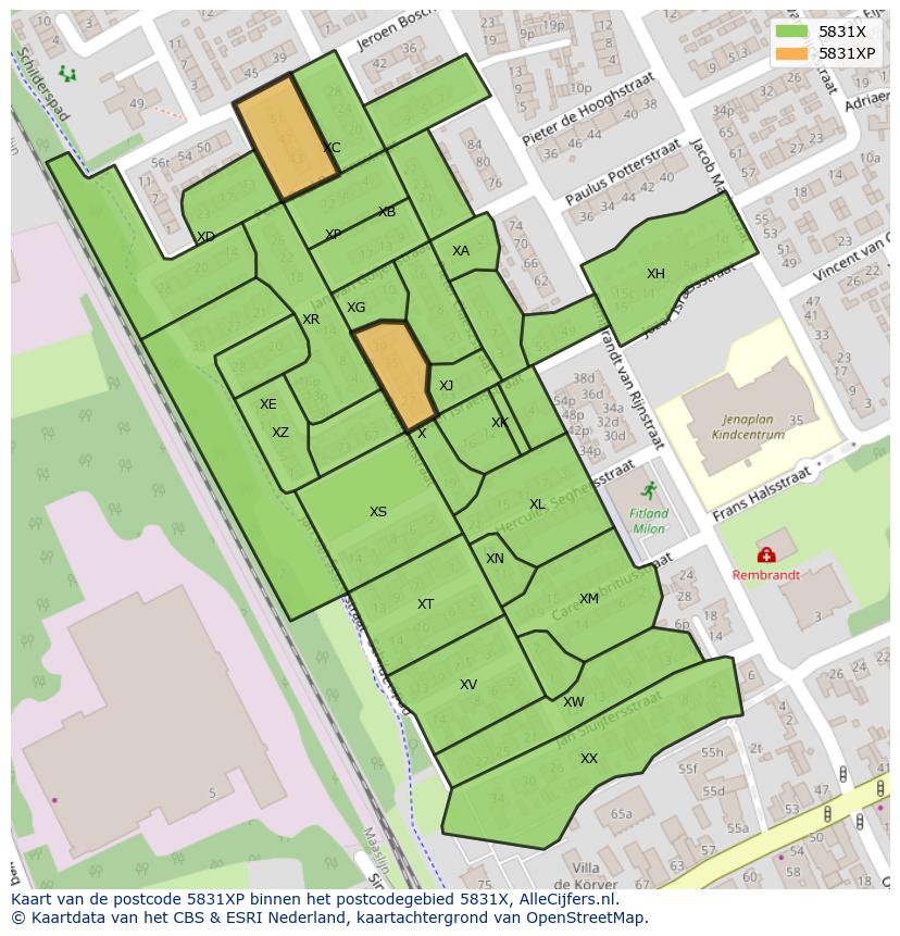 Afbeelding van het postcodegebied 5831 XP op de kaart.