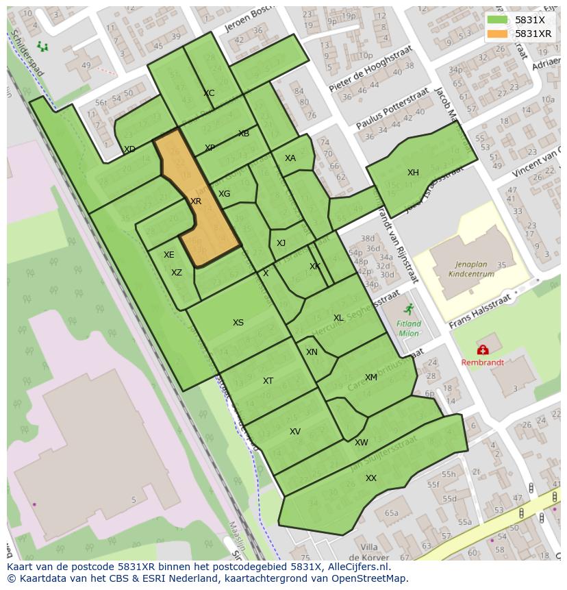 Afbeelding van het postcodegebied 5831 XR op de kaart.