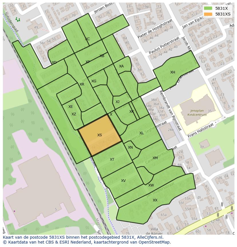 Afbeelding van het postcodegebied 5831 XS op de kaart.