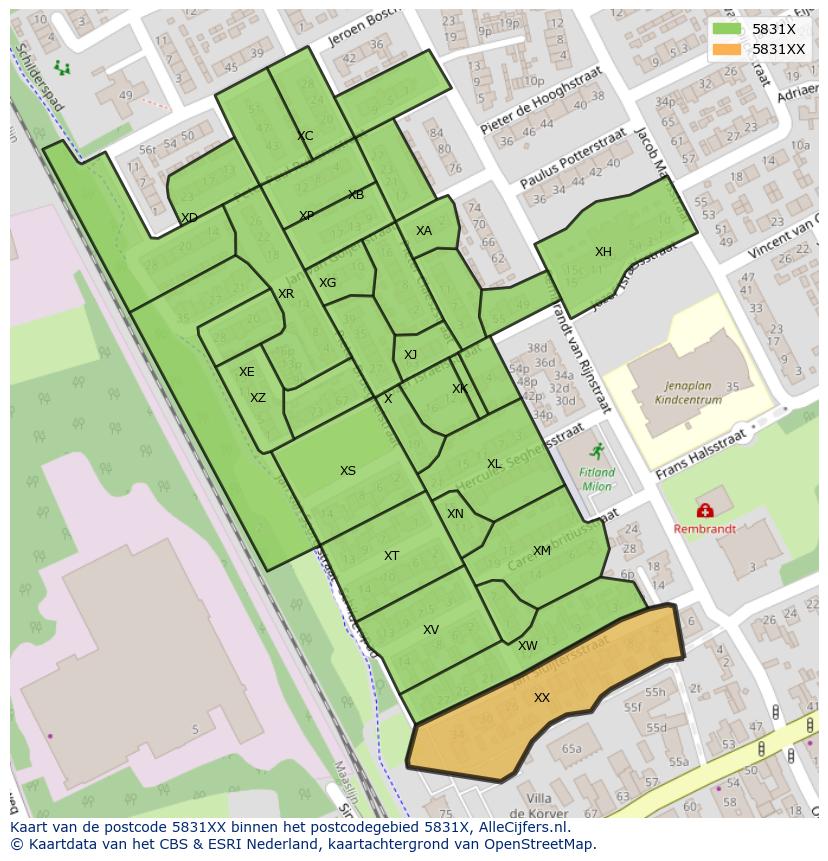 Afbeelding van het postcodegebied 5831 XX op de kaart.