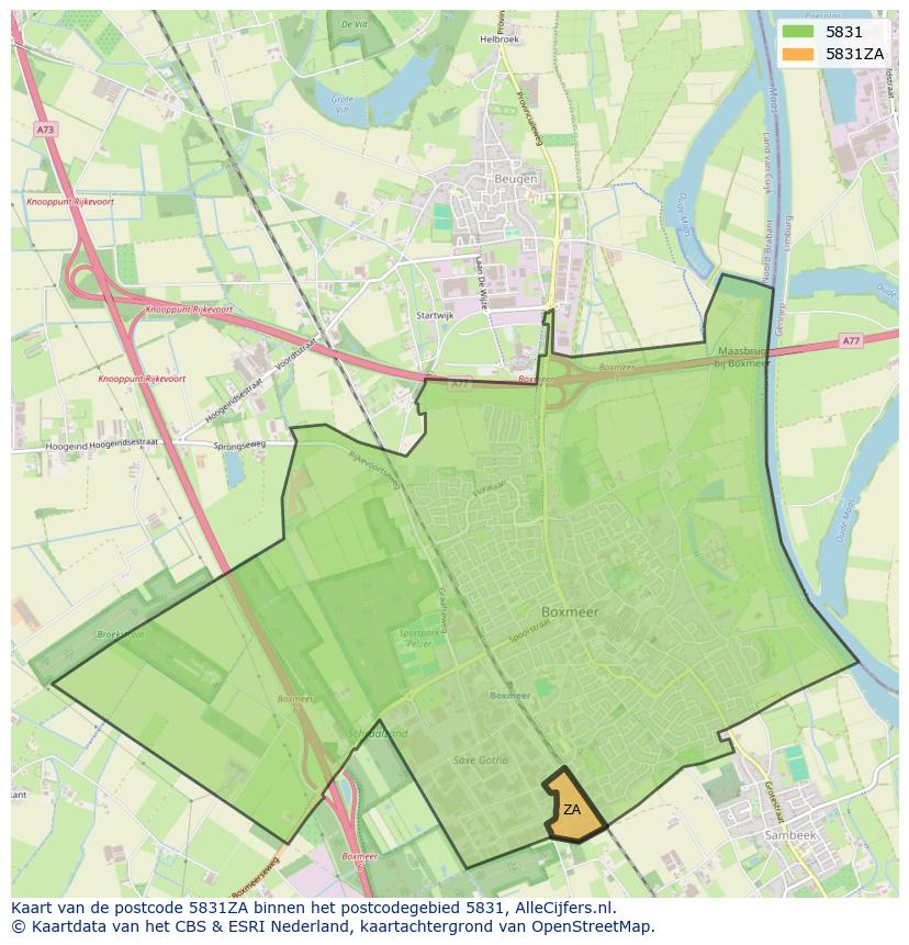 Afbeelding van het postcodegebied 5831 ZA op de kaart.