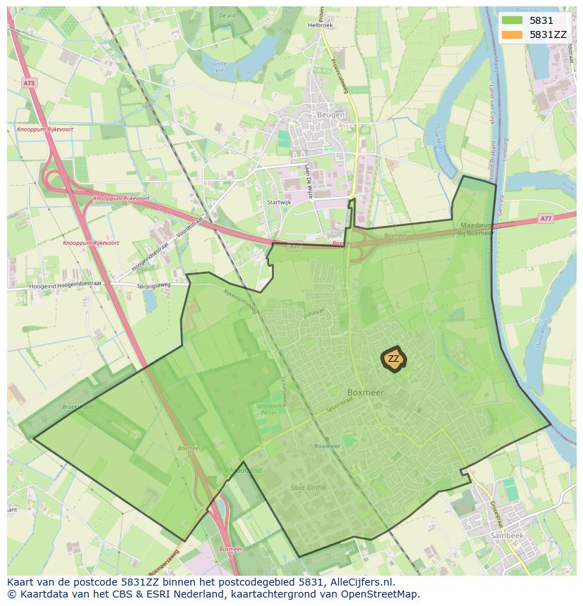 Afbeelding van het postcodegebied 5831 ZZ op de kaart.