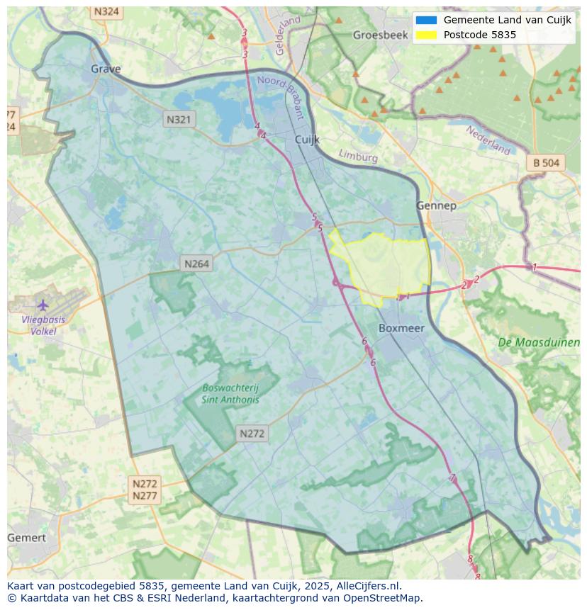 Afbeelding van het postcodegebied 5835 op de kaart.