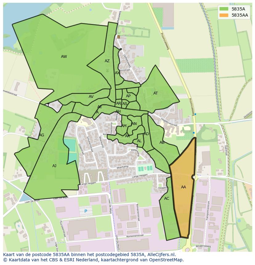 Afbeelding van het postcodegebied 5835 AA op de kaart.