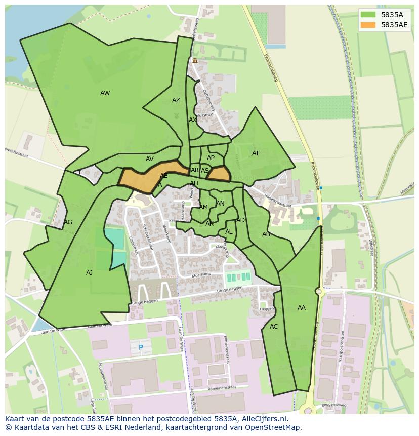Afbeelding van het postcodegebied 5835 AE op de kaart.
