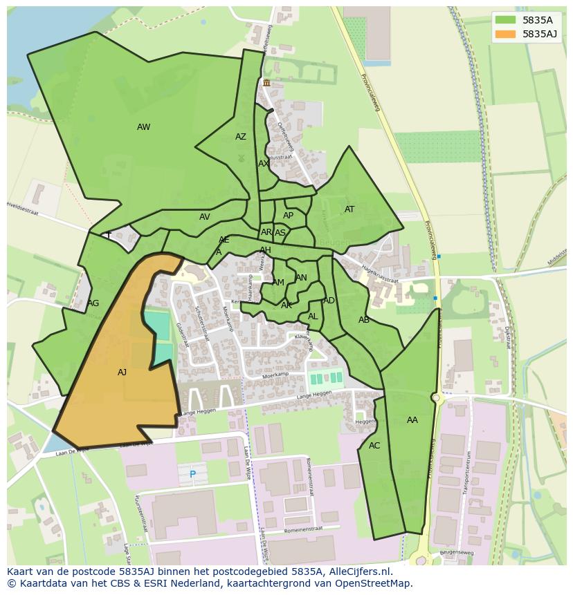 Afbeelding van het postcodegebied 5835 AJ op de kaart.