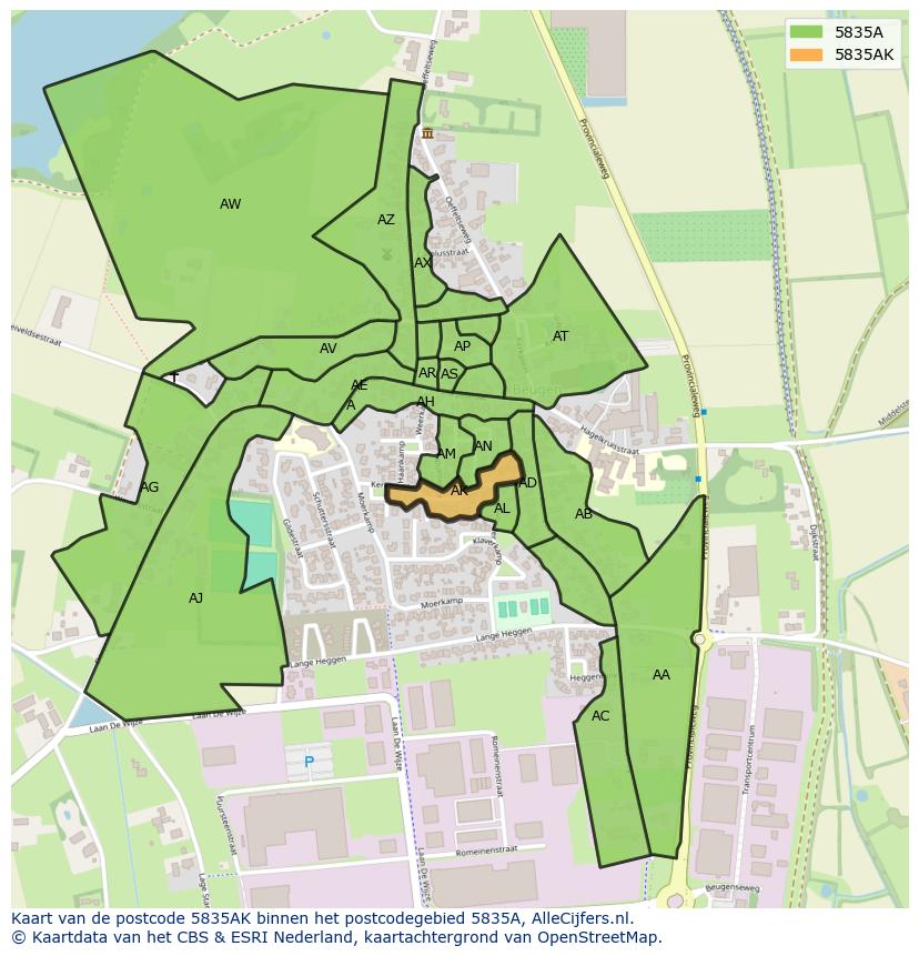Afbeelding van het postcodegebied 5835 AK op de kaart.