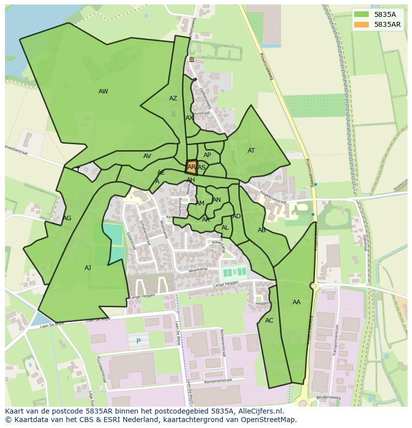 Afbeelding van het postcodegebied 5835 AR op de kaart.