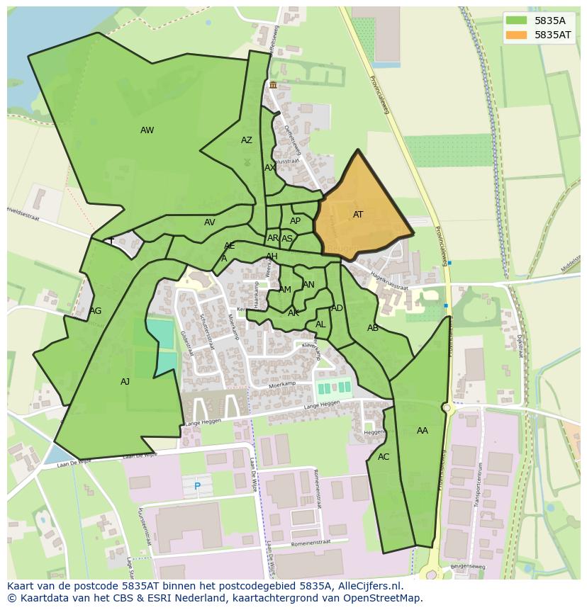Afbeelding van het postcodegebied 5835 AT op de kaart.