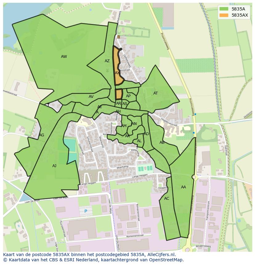Afbeelding van het postcodegebied 5835 AX op de kaart.