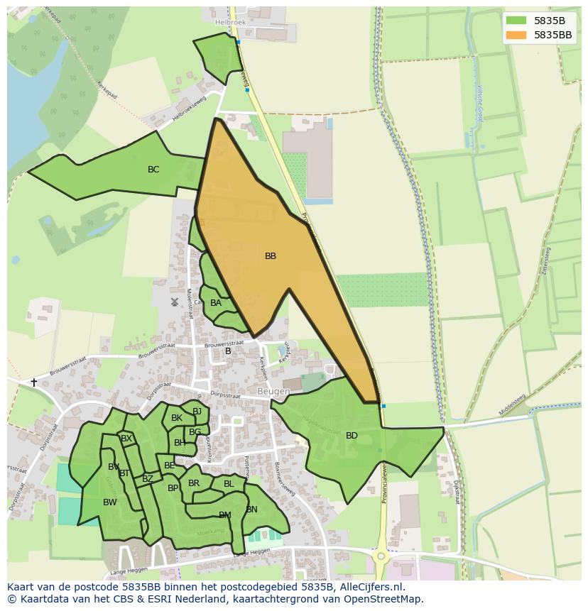 Afbeelding van het postcodegebied 5835 BB op de kaart.