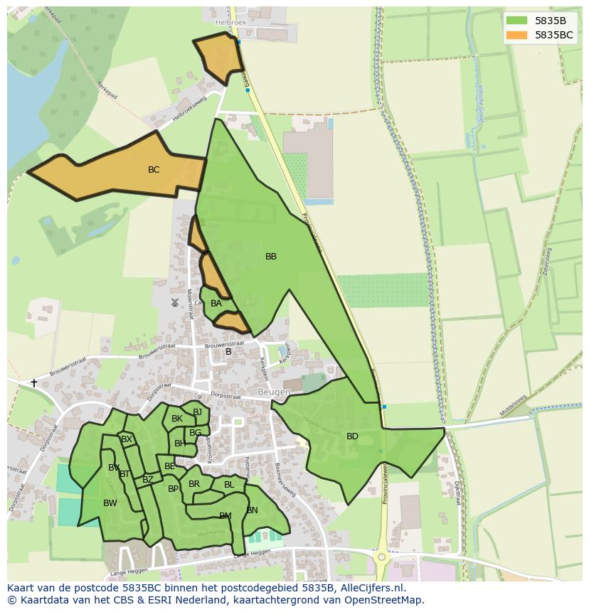 Afbeelding van het postcodegebied 5835 BC op de kaart.