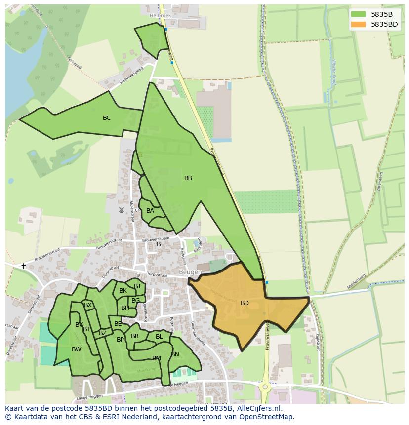 Afbeelding van het postcodegebied 5835 BD op de kaart.