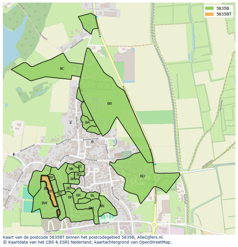 Afbeelding van het postcodegebied 5835 BT op de kaart.