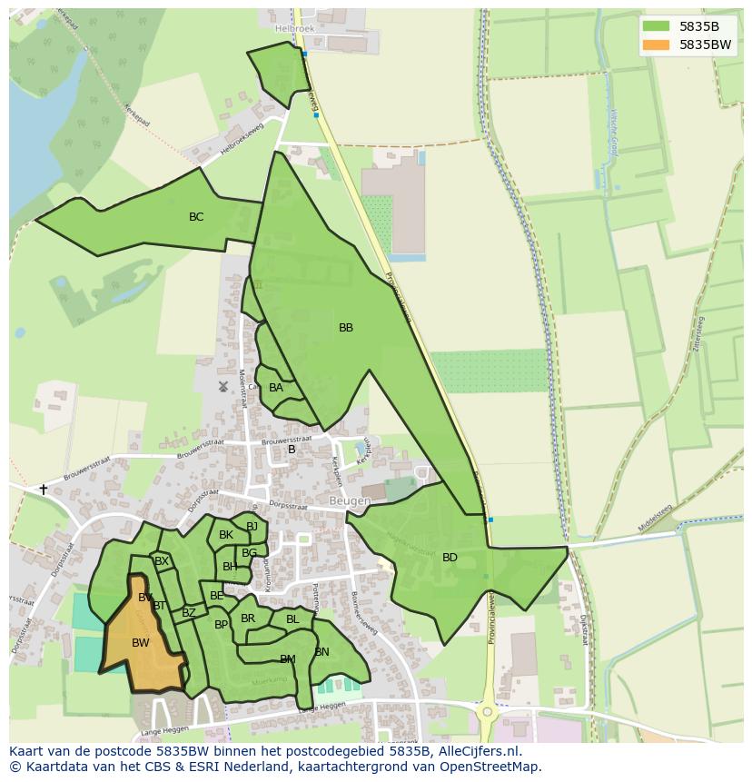 Afbeelding van het postcodegebied 5835 BW op de kaart.