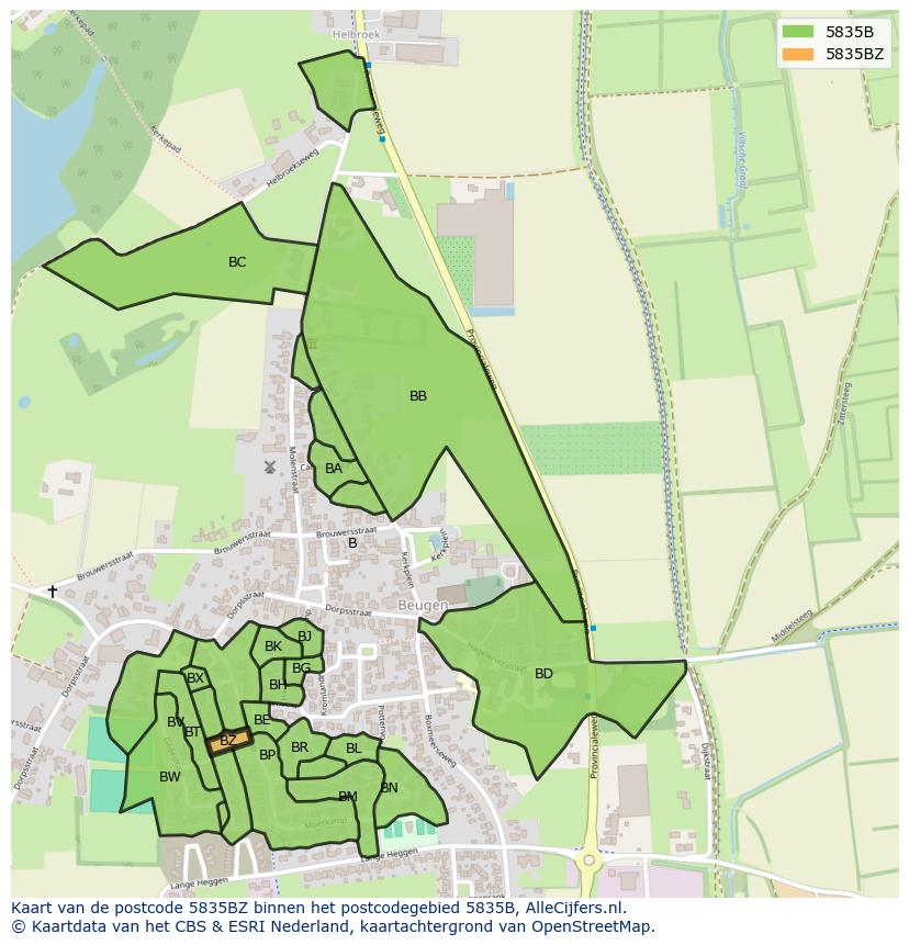 Afbeelding van het postcodegebied 5835 BZ op de kaart.