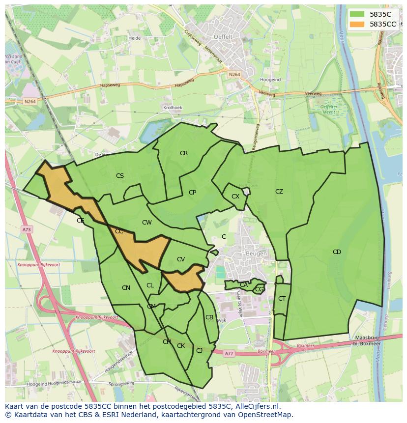 Afbeelding van het postcodegebied 5835 CC op de kaart.