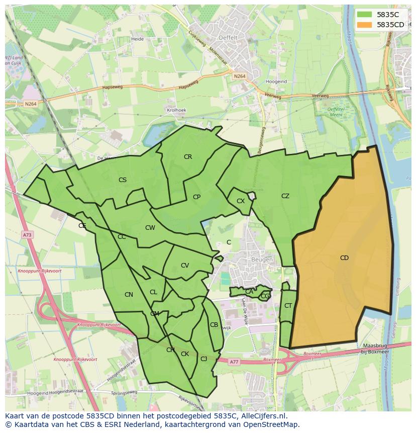 Afbeelding van het postcodegebied 5835 CD op de kaart.