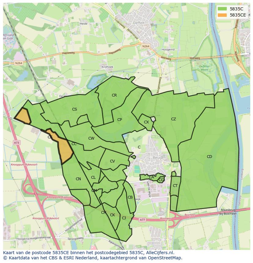 Afbeelding van het postcodegebied 5835 CE op de kaart.