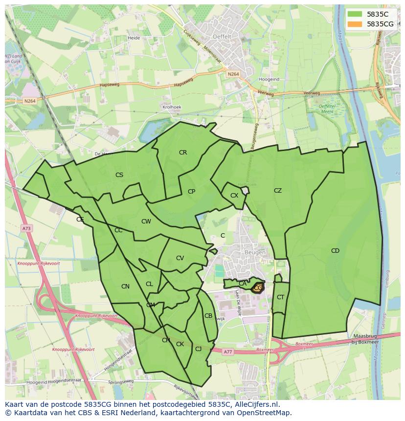 Afbeelding van het postcodegebied 5835 CG op de kaart.