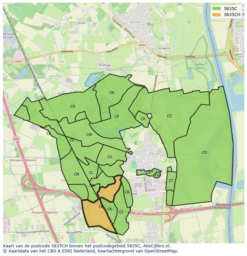 Afbeelding van het postcodegebied 5835 CH op de kaart.
