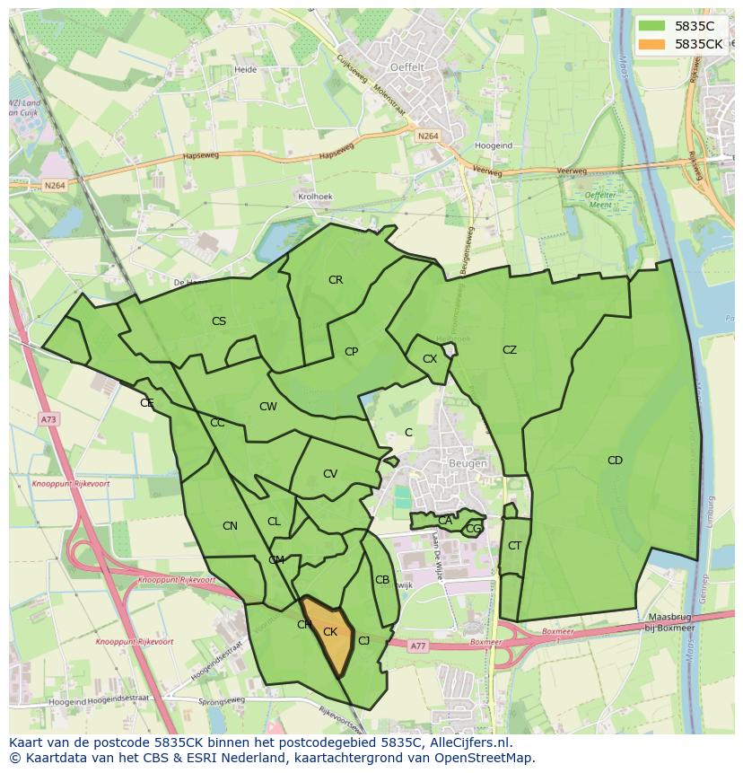 Afbeelding van het postcodegebied 5835 CK op de kaart.