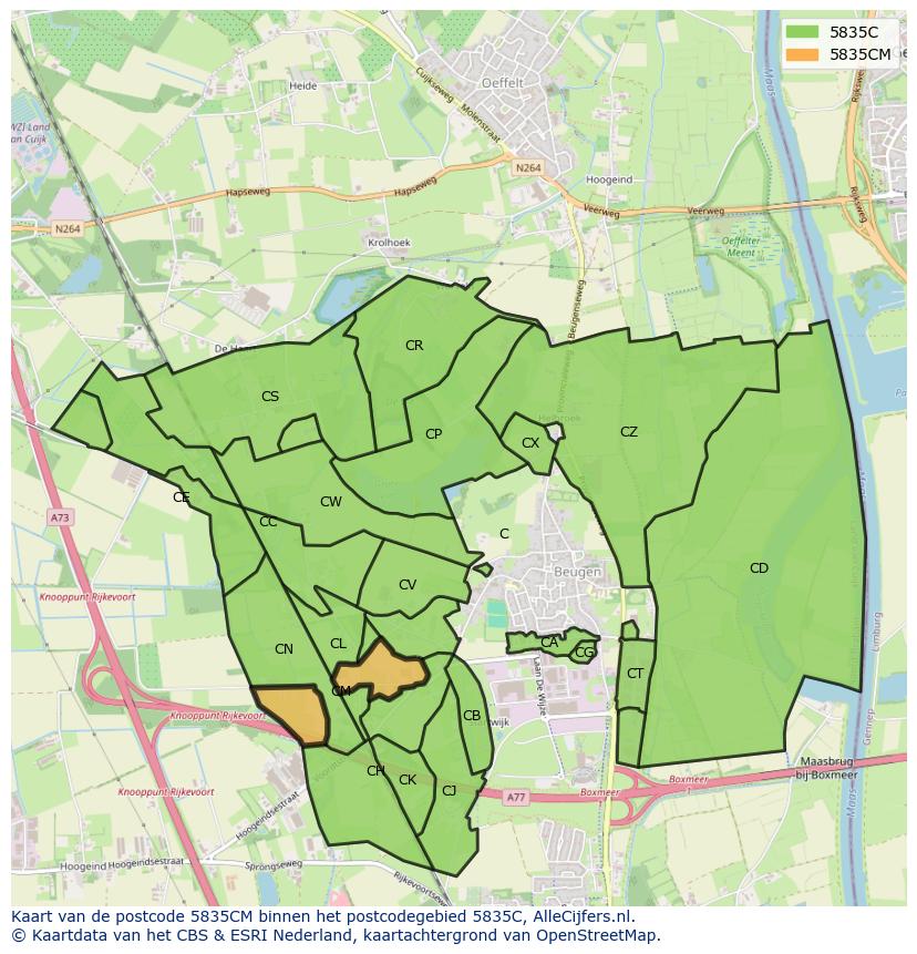 Afbeelding van het postcodegebied 5835 CM op de kaart.