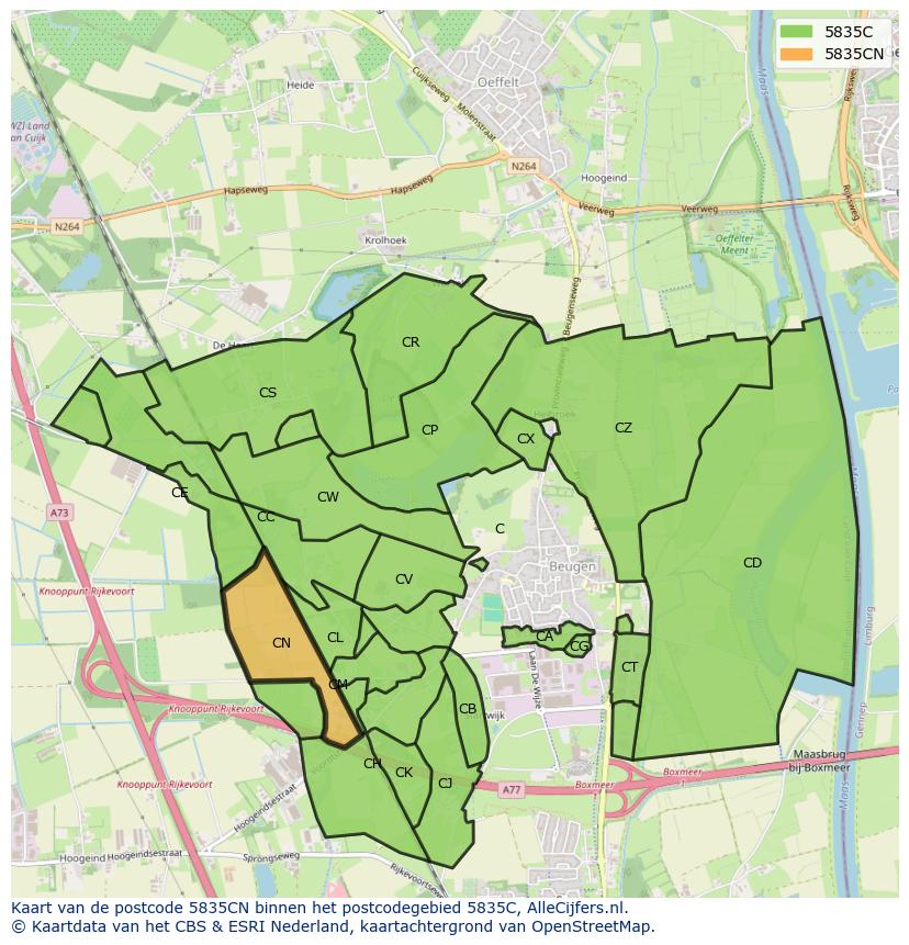 Afbeelding van het postcodegebied 5835 CN op de kaart.