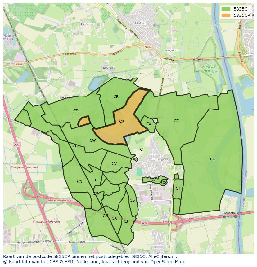 Afbeelding van het postcodegebied 5835 CP op de kaart.