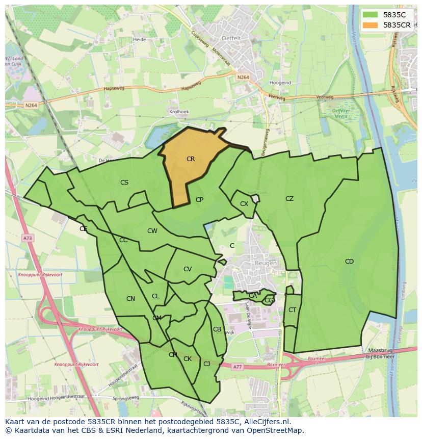 Afbeelding van het postcodegebied 5835 CR op de kaart.