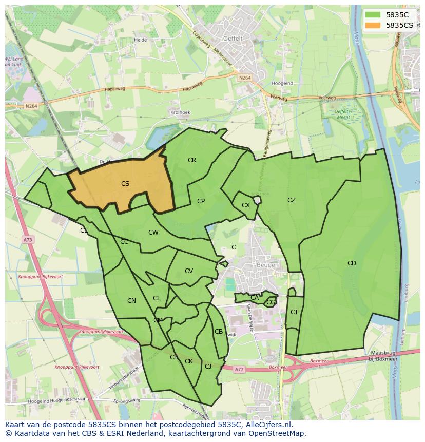 Afbeelding van het postcodegebied 5835 CS op de kaart.