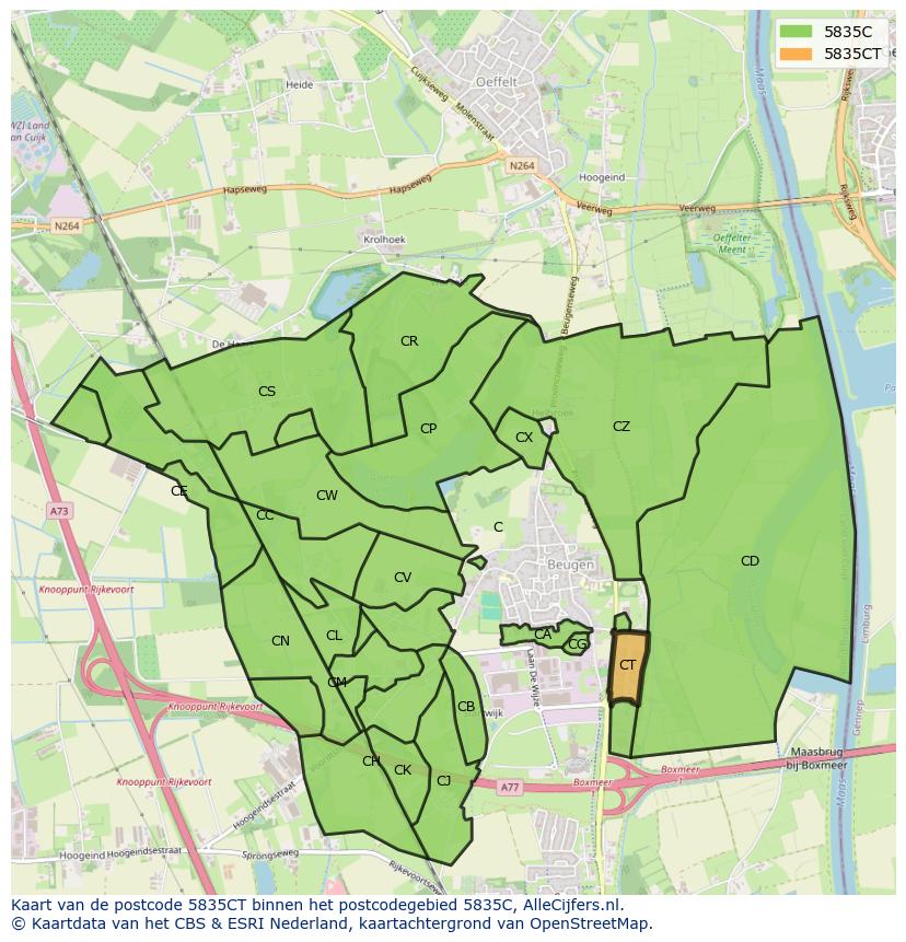 Afbeelding van het postcodegebied 5835 CT op de kaart.