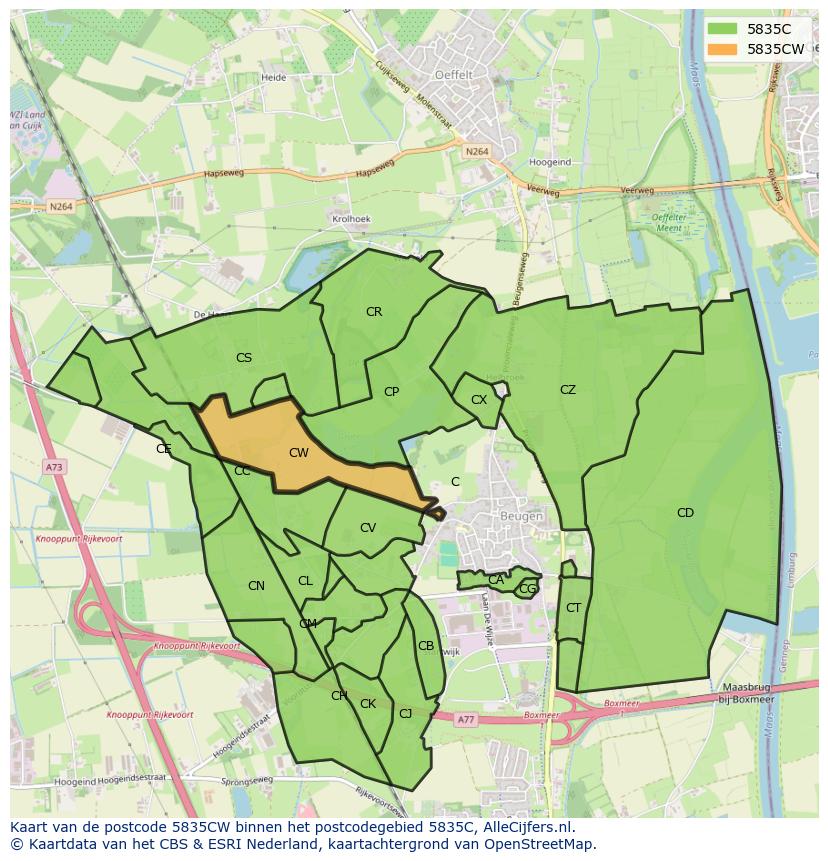 Afbeelding van het postcodegebied 5835 CW op de kaart.