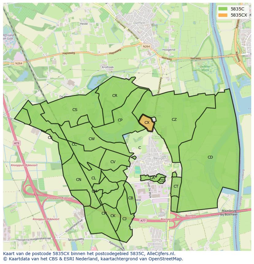 Afbeelding van het postcodegebied 5835 CX op de kaart.