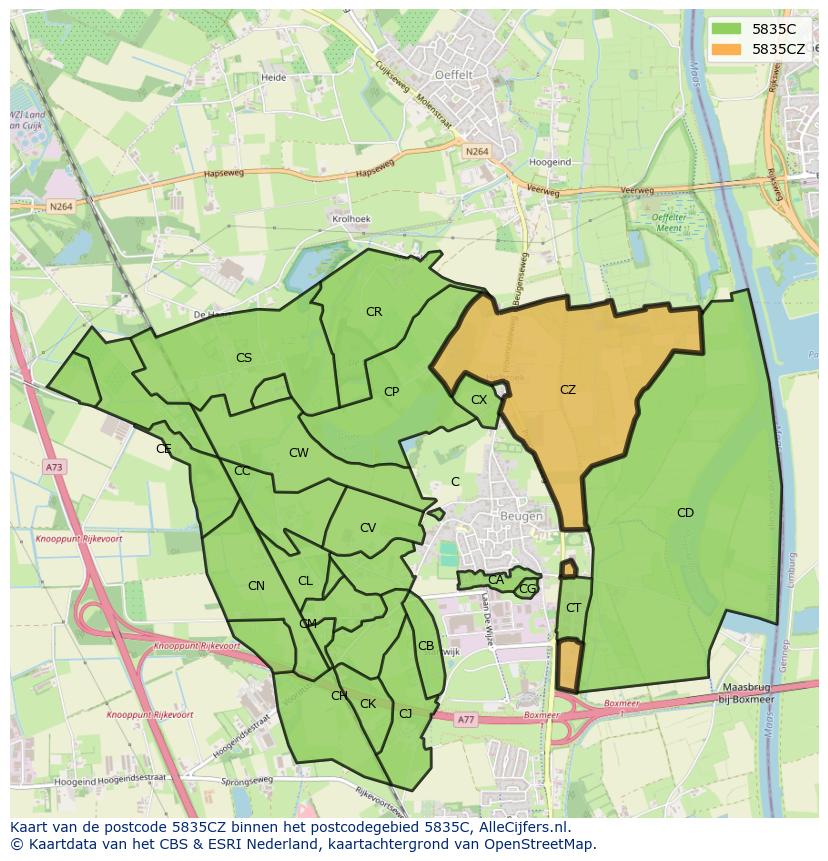 Afbeelding van het postcodegebied 5835 CZ op de kaart.