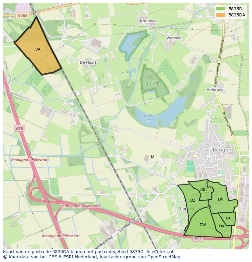 Afbeelding van het postcodegebied 5835 DA op de kaart.