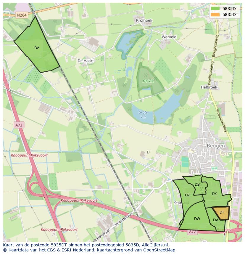 Afbeelding van het postcodegebied 5835 DT op de kaart.