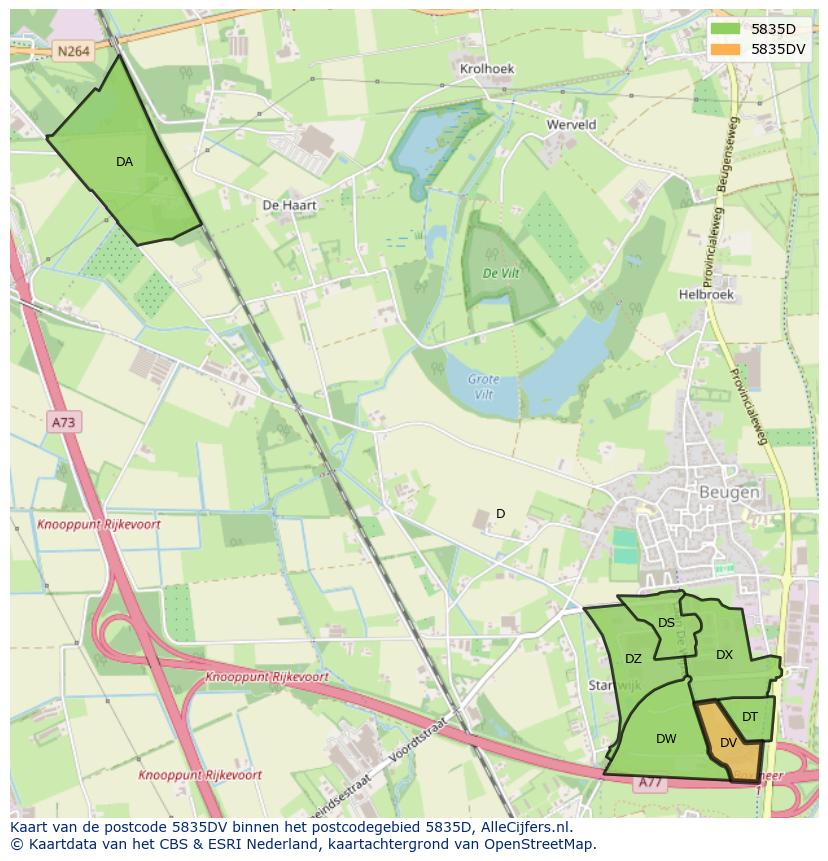 Afbeelding van het postcodegebied 5835 DV op de kaart.