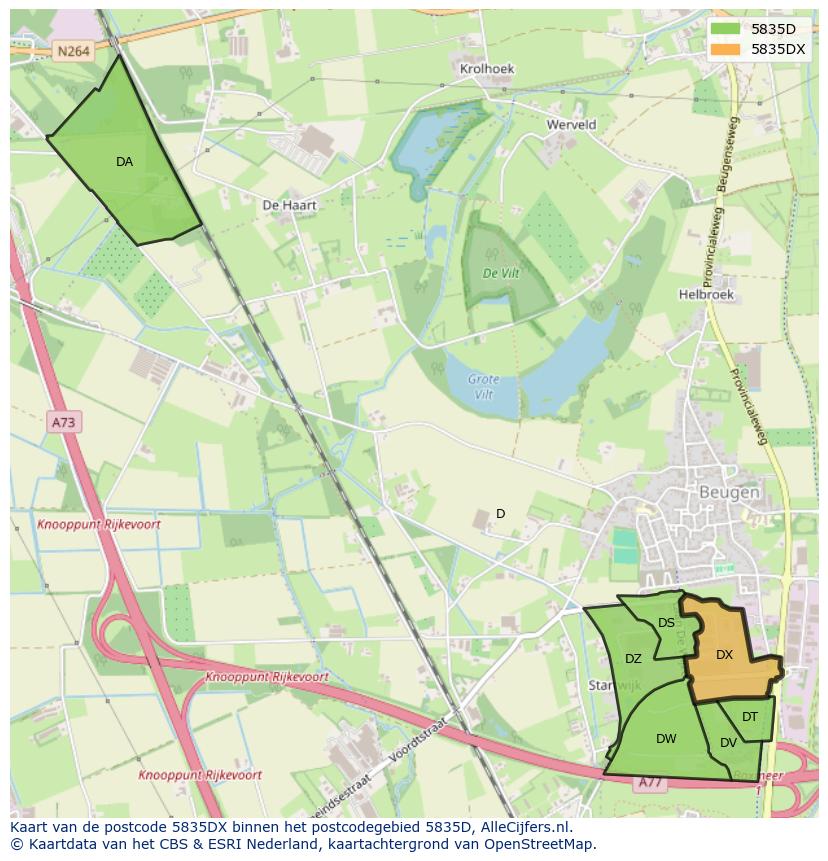 Afbeelding van het postcodegebied 5835 DX op de kaart.