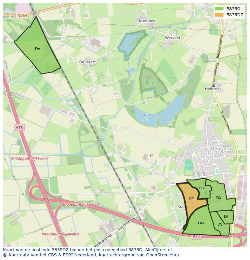 Afbeelding van het postcodegebied 5835 DZ op de kaart.