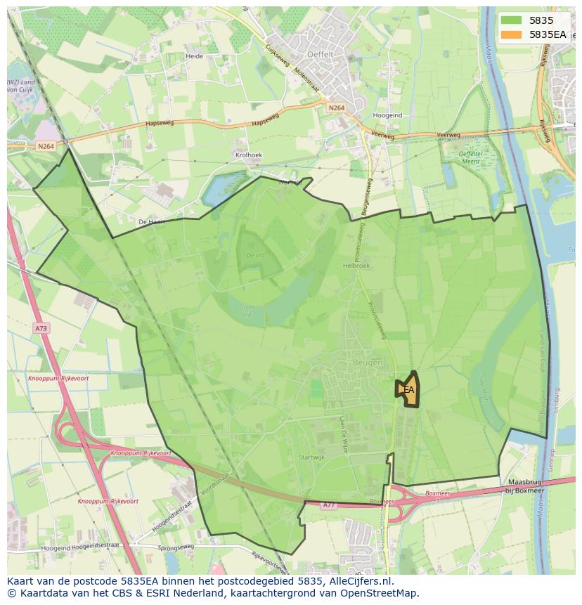 Afbeelding van het postcodegebied 5835 EA op de kaart.