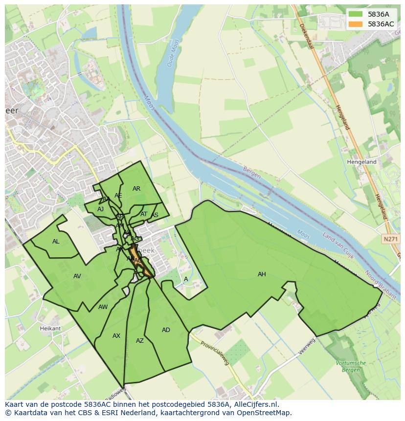 Afbeelding van het postcodegebied 5836 AC op de kaart.