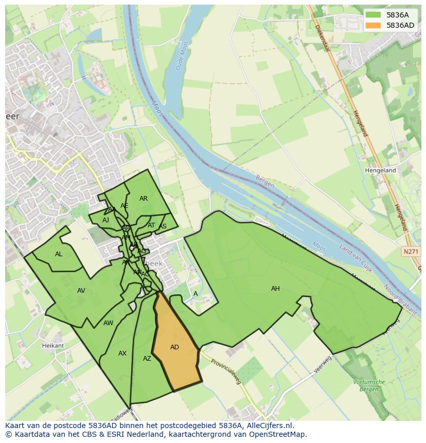 Afbeelding van het postcodegebied 5836 AD op de kaart.