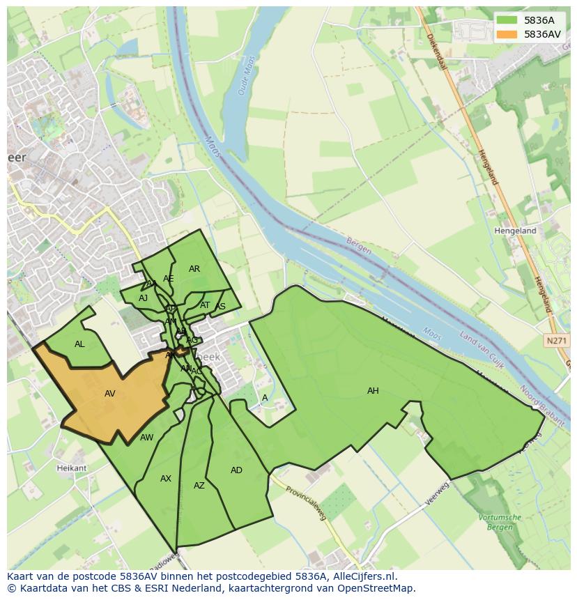 Afbeelding van het postcodegebied 5836 AV op de kaart.