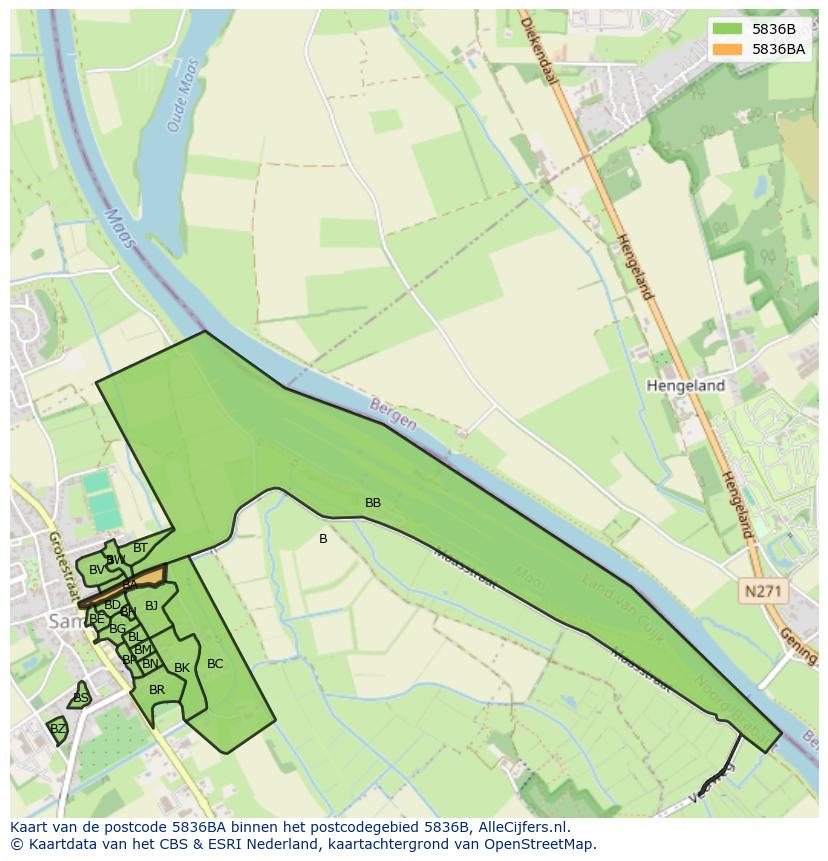 Afbeelding van het postcodegebied 5836 BA op de kaart.