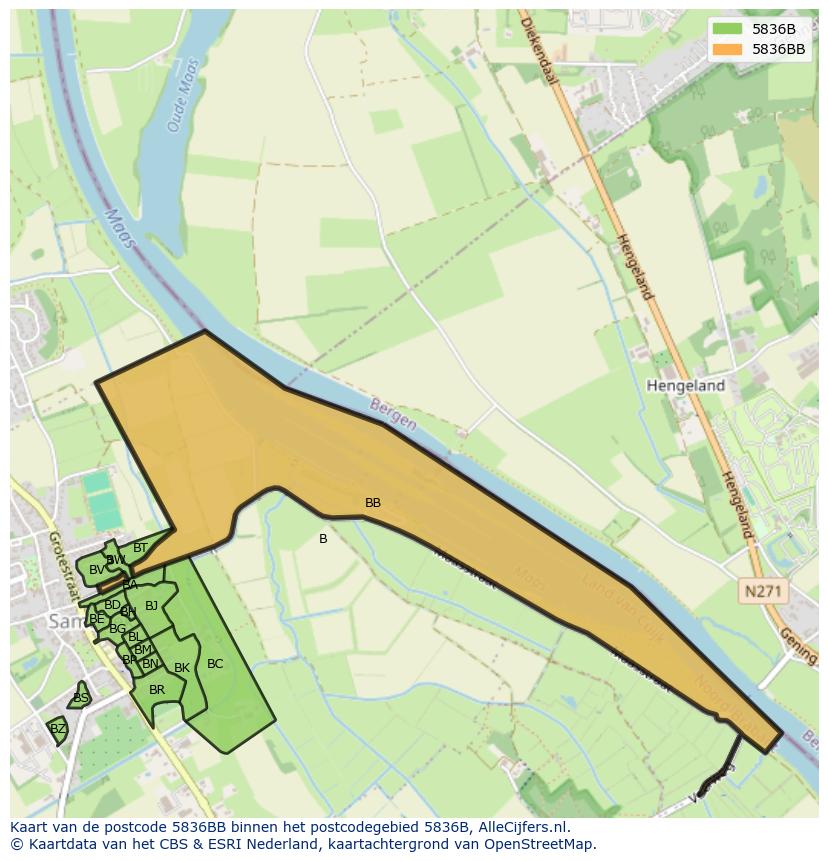 Afbeelding van het postcodegebied 5836 BB op de kaart.