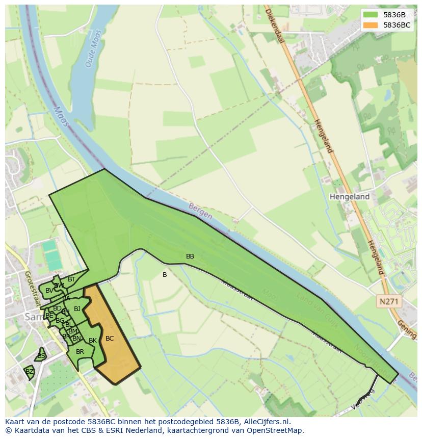 Afbeelding van het postcodegebied 5836 BC op de kaart.