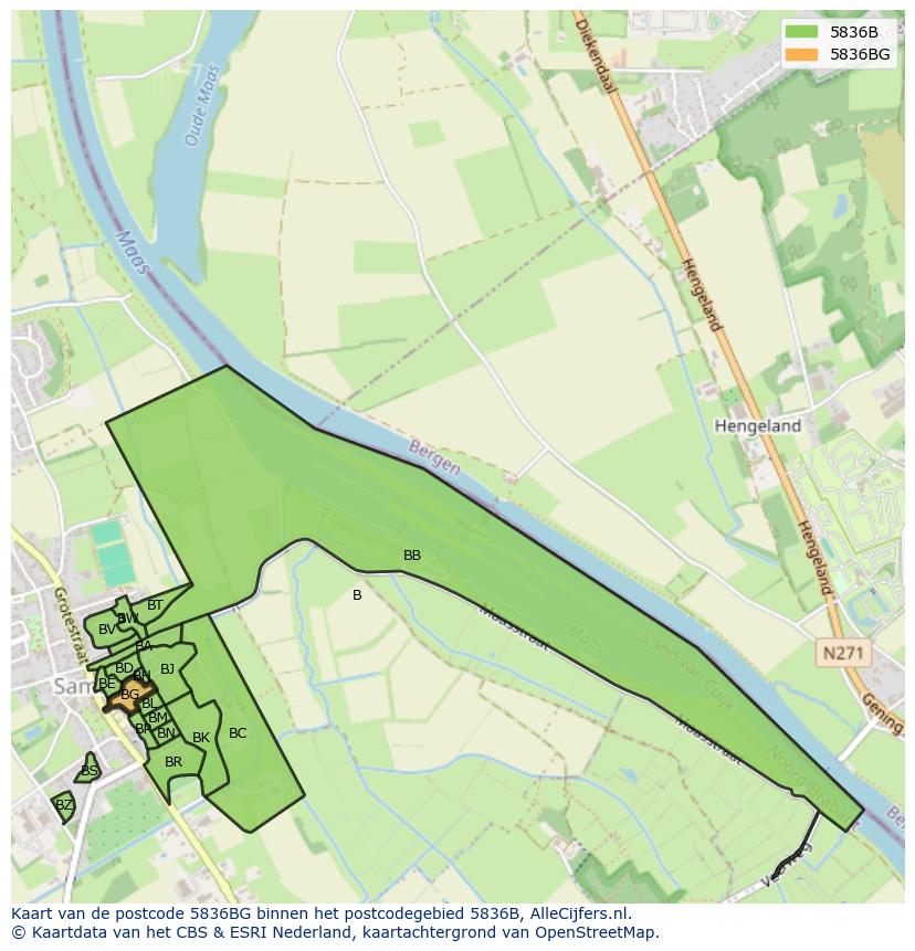 Afbeelding van het postcodegebied 5836 BG op de kaart.