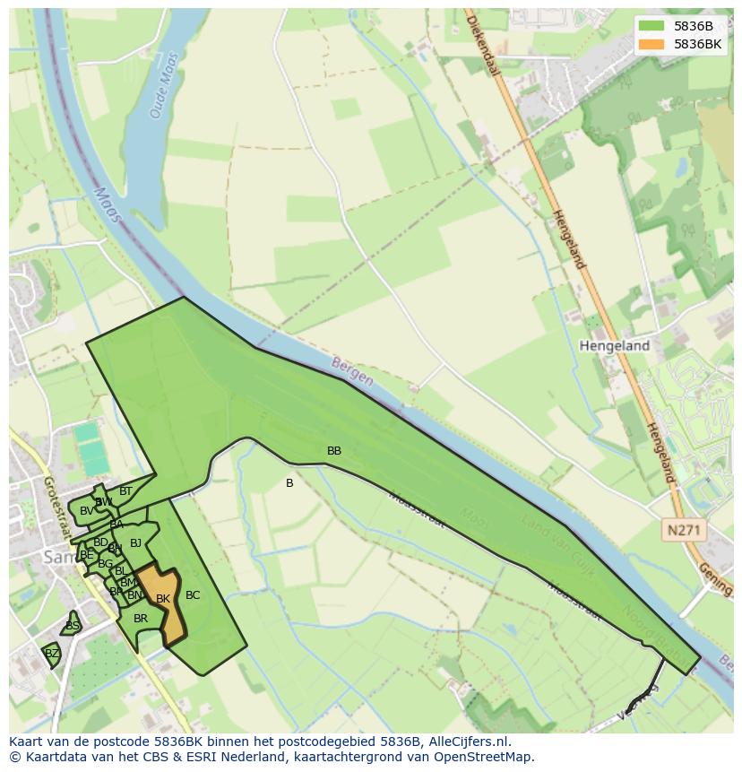 Afbeelding van het postcodegebied 5836 BK op de kaart.